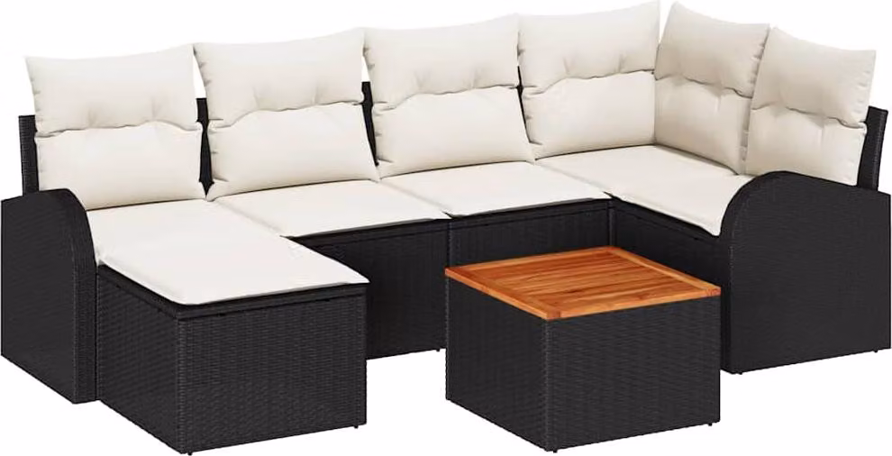 Set Divano da Giardino 7 pcs Nero e Crema polyrattan