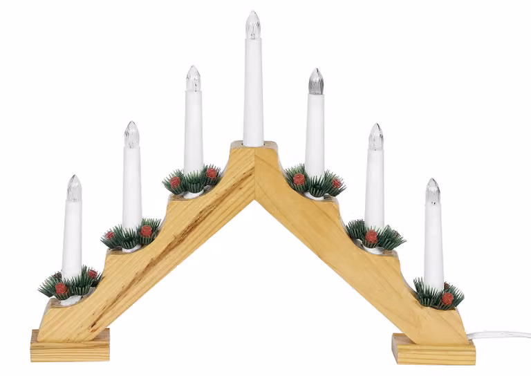 Arco luminoso natalizio, 39,5x30 cm, in legno, con 7 candele a filamento, dotato di interruttore