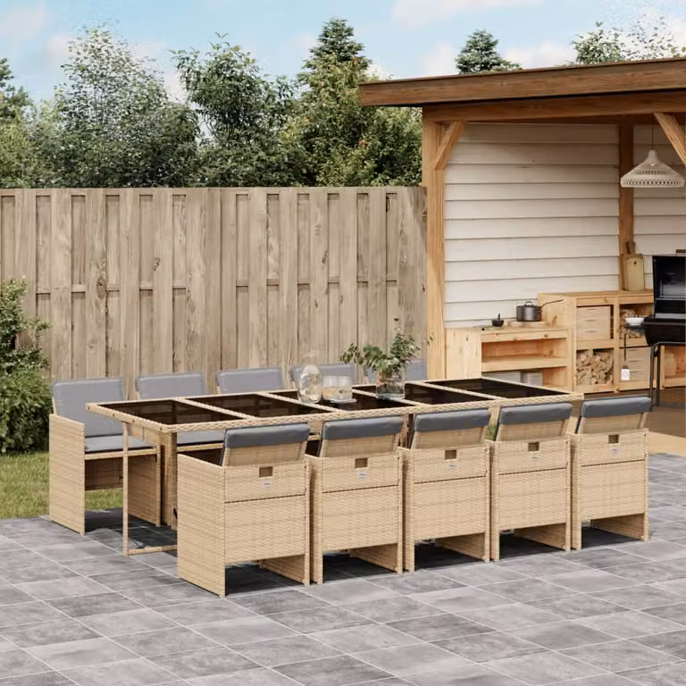 Set Pranzo da Giardino vidaXL in Polyrattan con Cuscini Beige e Grigio e Tavolo in Vetro 11 pz