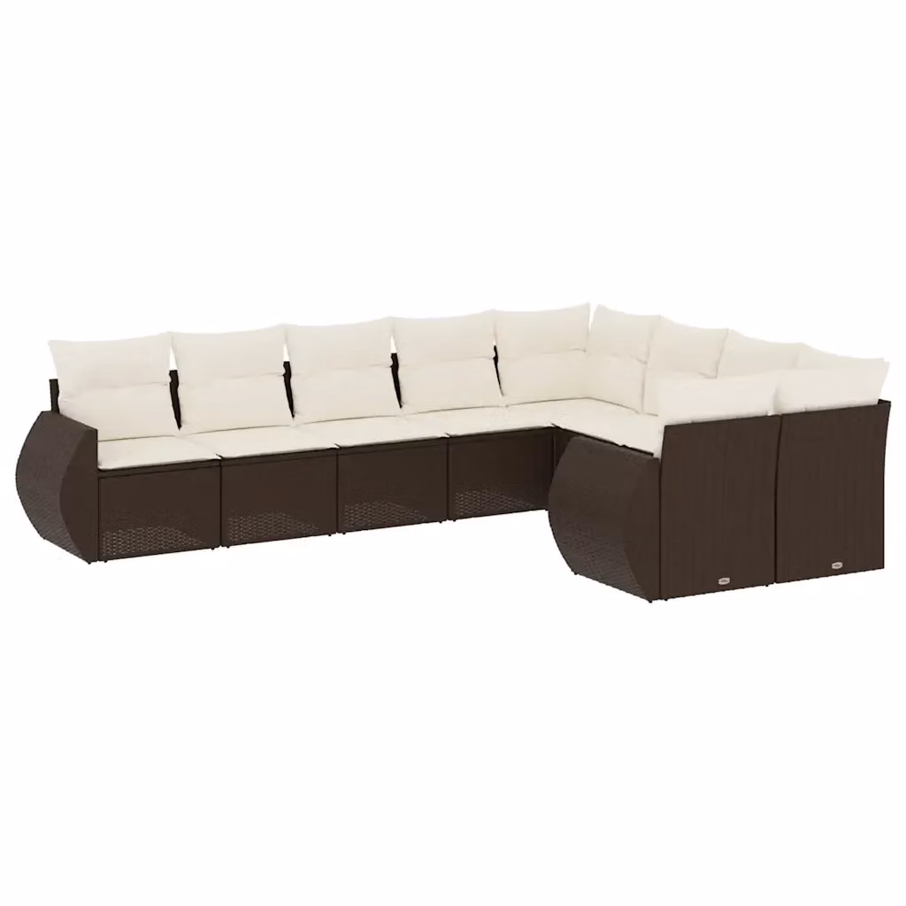 Set di divani da giardino vidaXL a forma di L composto da 9 pezzi in polyrattan marrone con cuscini bianchi imbottiti e coperture rimovibili – 2