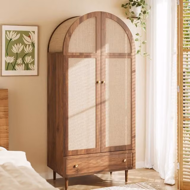 Armadio con cassetto e ante in tessuto effetto legno 79x50x175 cm; MDF colore legno