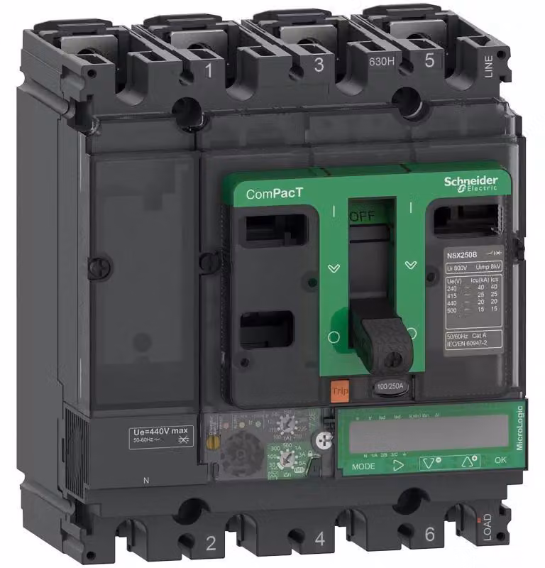 Interruttore automatico compatto Schneider Electric ComPacT NSX250N, 50 kA/415 V CA, MicroLogic 7.2 E Vigi 160 A, 4P4D C25N47E160