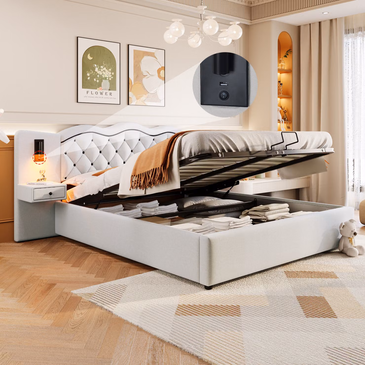 Letto imbottito STILVORA 160x200 cm, letto per ragazzi con testiera integrata, porta USB e 2 lampade da comodino, letto con contenitore idraulico e cassettone, beige (senza materasso)