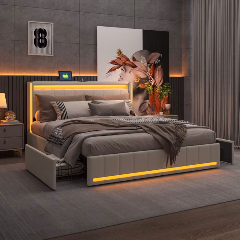 CDGlobal letto imbottito 140x200cm con USB e tipo C, letto contenitore letto giovanile con 4 cassetti, letto matrimoniale letto in legno con LED e rete a doghe, lino