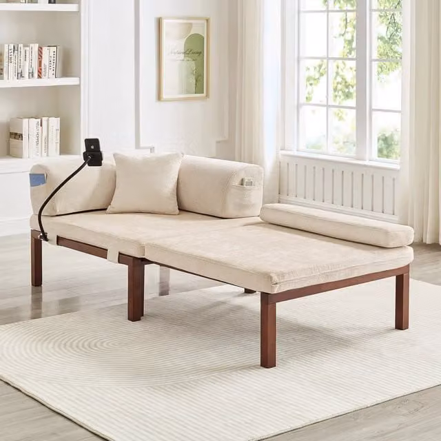 Divano letto pieghevole WISHDOR in legno massello con letto estraibile singolo, beige