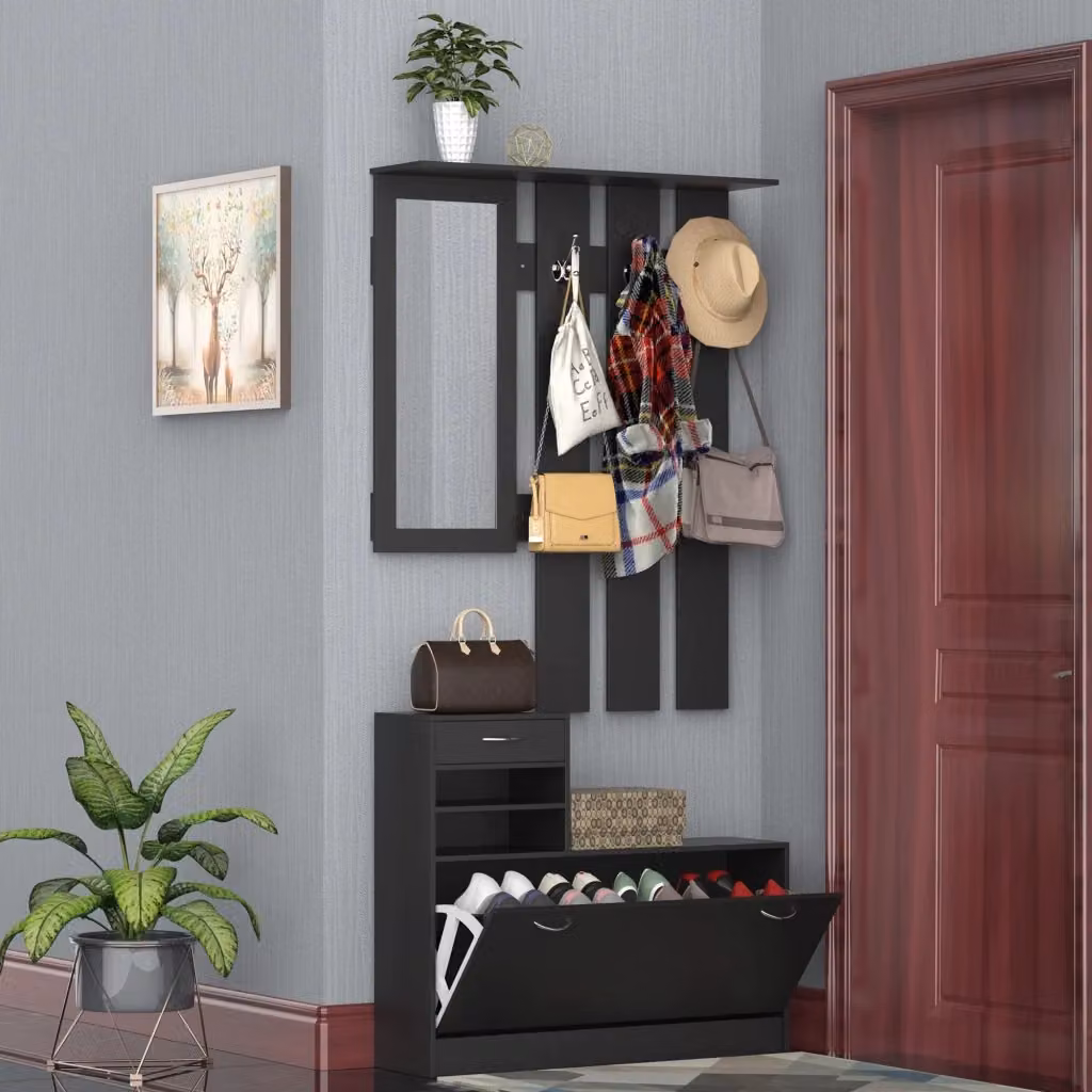 Mobile da Ingresso Moderno GIORDANOSHOP con Specchio, Appendiabiti e Scarpiera, Nero Opaco, L: 90 cm, P: 15 cm, H: 102 cm – 2