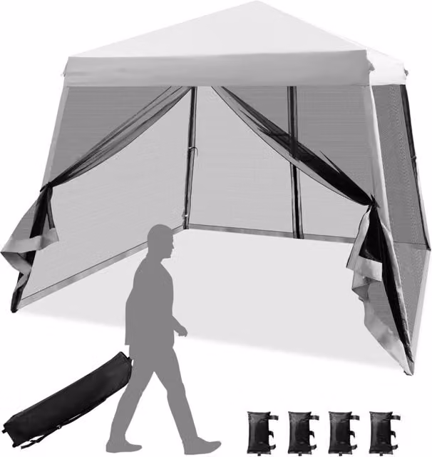 Gazebo a tettoia con gambe inclinate e pareti laterali in rete, protezione UPF 50+, Grigio, L/P: 300 x 300 cm, H: 255 cm
