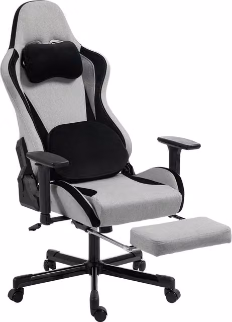 HOMCOM Sedia Gaming Ergonomica Massaggiante con Cuscino Lombare, in Tessuto Effetto Lino, 70.5x73x127.5-137.5 cm, Grigio   Aosom Italy