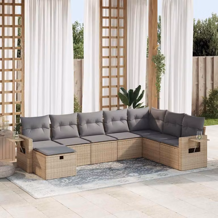 Set Divano da Giardino vidaXL 8 pz in Polyrattan Beige con Cuscini e Copertura