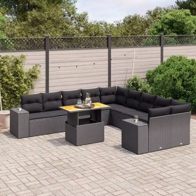 Set di divani da giardino VIDAXL a forma di L in polyrattan nero con 11 pezzi e cuscini inclusi – 1