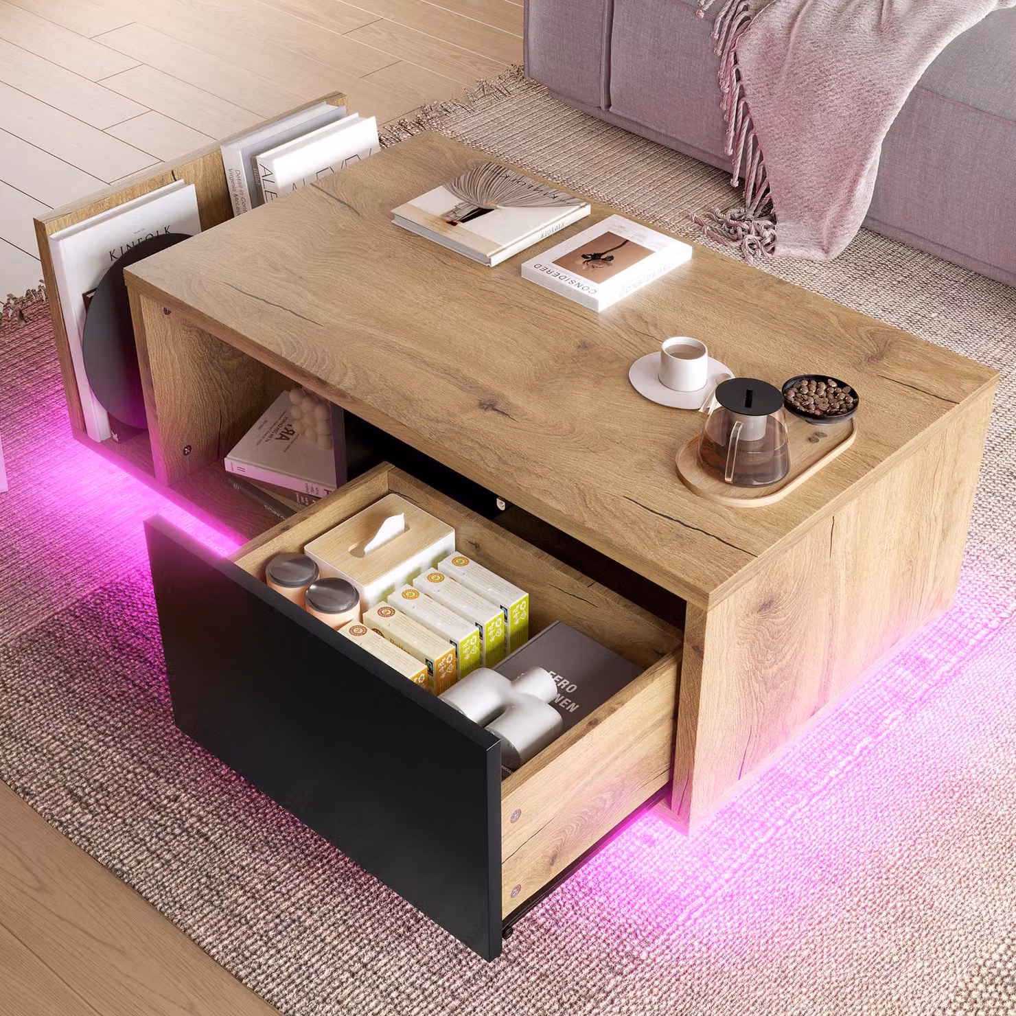 tavolino da salotto retrò okwish con illuminazione LED integrata, tavolino da divano con ripiano aperto e cassetto con meccanismo a molla, tavolino con struttura in legno-metallo, natura