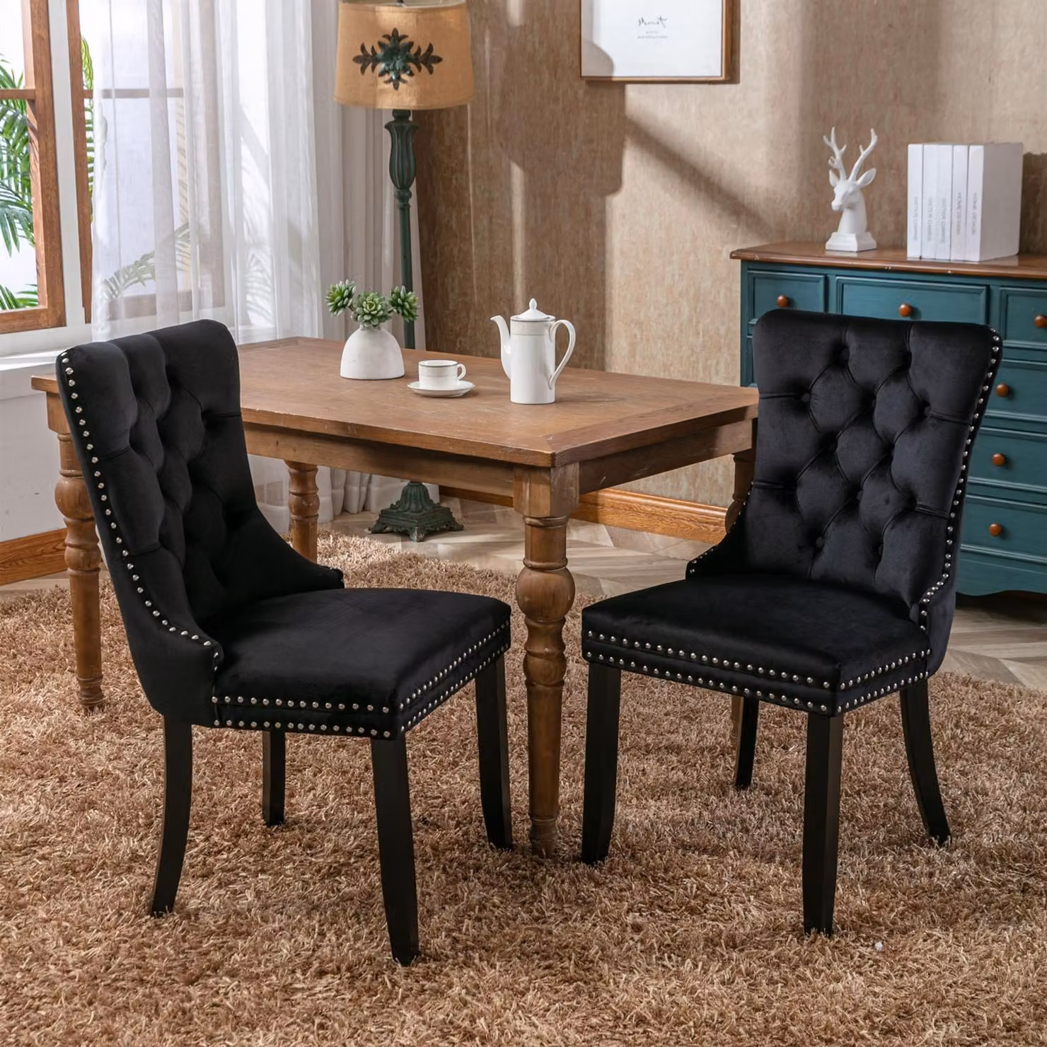 Sedia da pranzo di alta qualità in legno massiccio trapuntato con rivestimento in velluto moderno, gambe in legno e chiodi decorativi, set da 2 pezzi