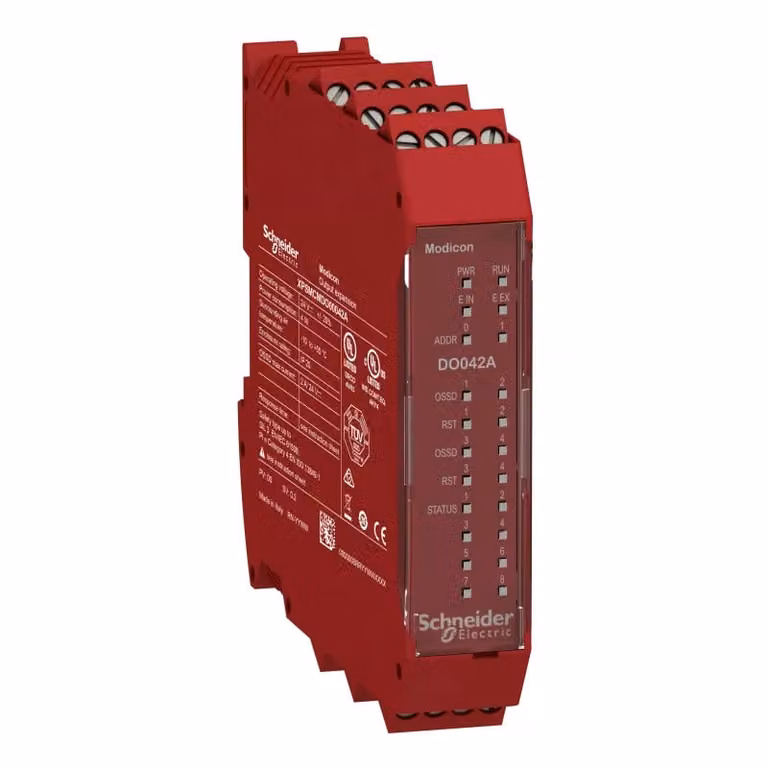 Modulo di espansione uscite Schneider Electric Modicon XPSMCM, 4 A, semiconduttori di sicurezza con carico massimo di 2 A ciascuno, morsetti a vite XPSMCMDO00042A