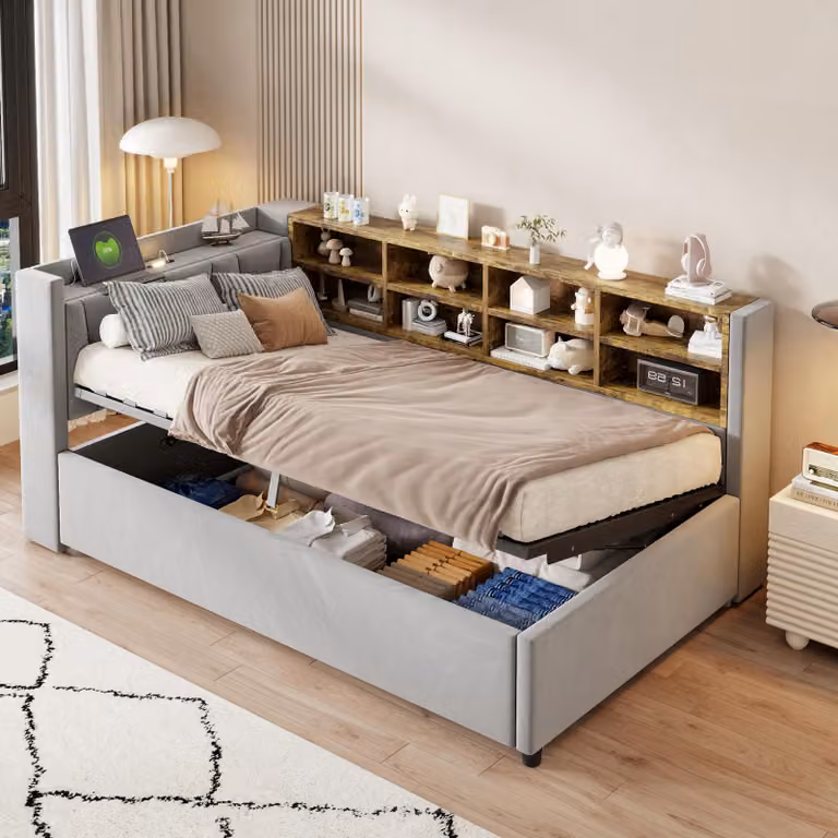 Letto imbottito Flieks 90x200cm con funzione di ricarica e luce notturna, divano letto da giorno con schienale e contenitore, letto per ragazzi letto per bambini in velluto, grigio chiaro