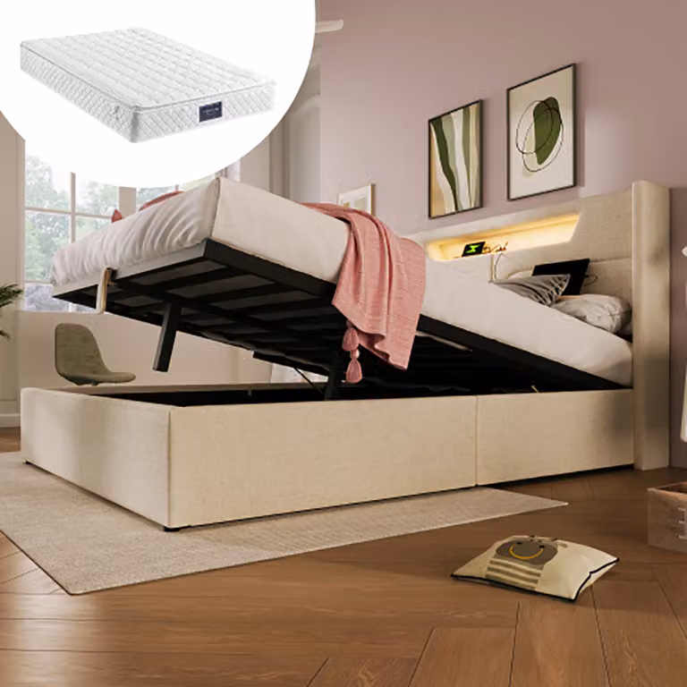Letto imbottito Sweiko 140x200cm Letto matrimoniale a LED con funzione di ricarica USB tipo C, letto contenitore Struttura letto in materiale di lino letto per ragazzi (con materasso)