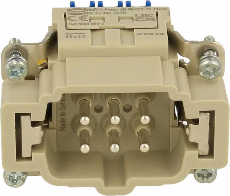 HARTING Han 6ES Press-SMC-SE-KZFA-PE Press Inserto maschio (M) Connettore a molla con gabbia Press / PE Press, 6 poli+PE 500V,