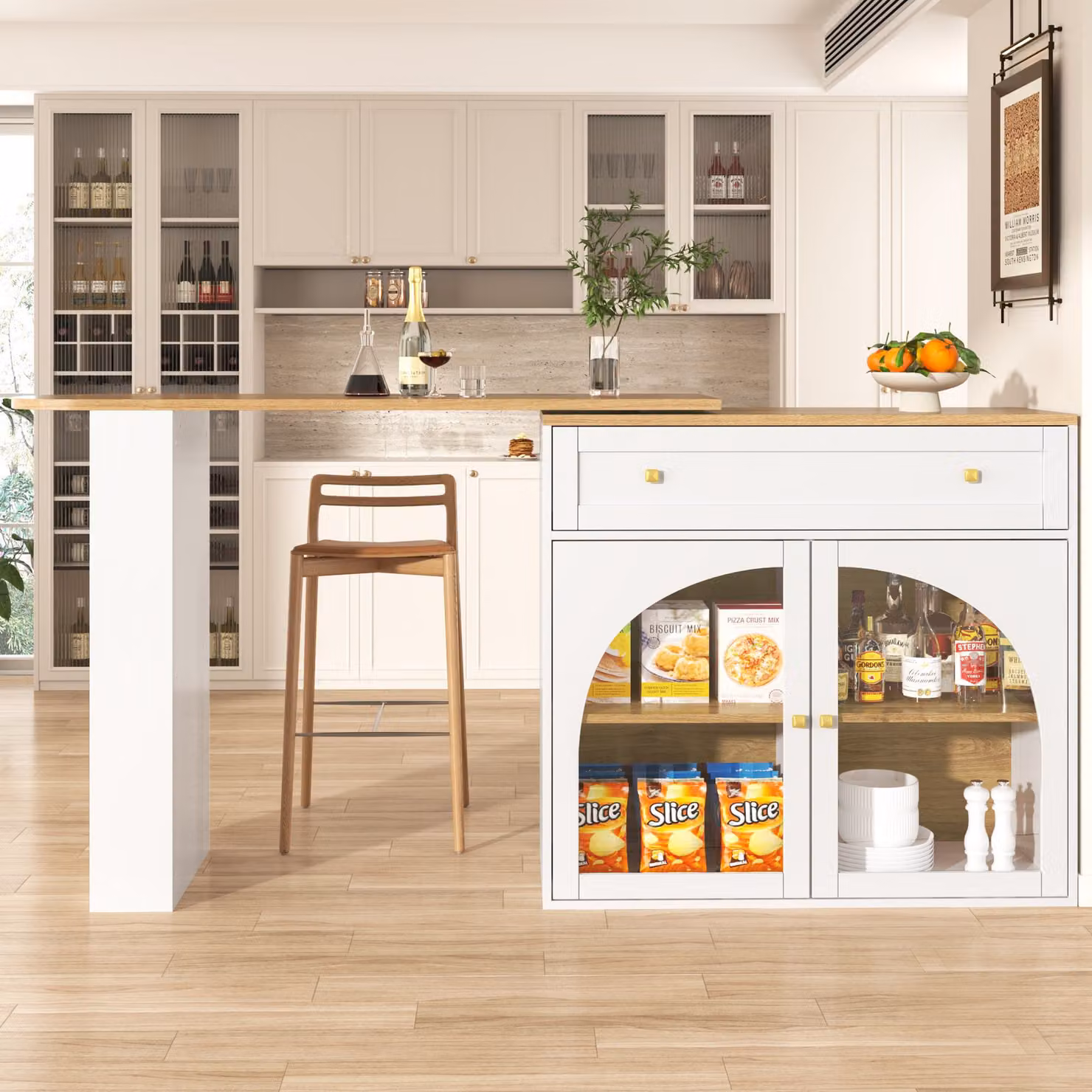 Tavolo bar allungabile bianco con piano girevole a 360°, scaffale laterale a 3 ripiani e ante in vetro di sicurezza, L: 138-204 cm, P: 39 cm, H: 104 cm – 2