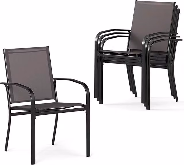 Set di 4 sedie da giardino impilabili COSTWAY con braccioli e schienale alto in tessuto traspirante e telaio in metallo, colore grigio