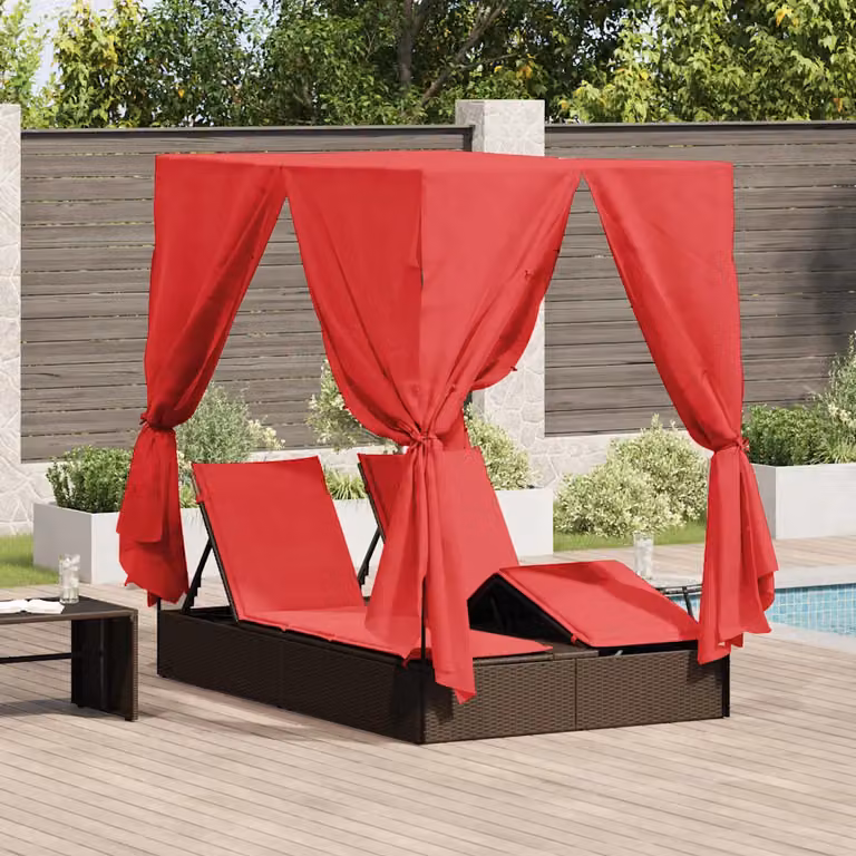 vidaXL Lettino da sole doppio in polyrattan rosso con parasole e poggiatesta regolabile L/P/H: 205 x 129 x 200 cm