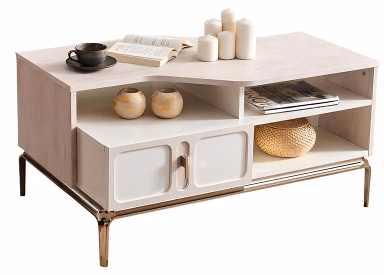 Eleganter Couchtisch mit goldenen Akzenten und Regalen zur Aufbewahrung
