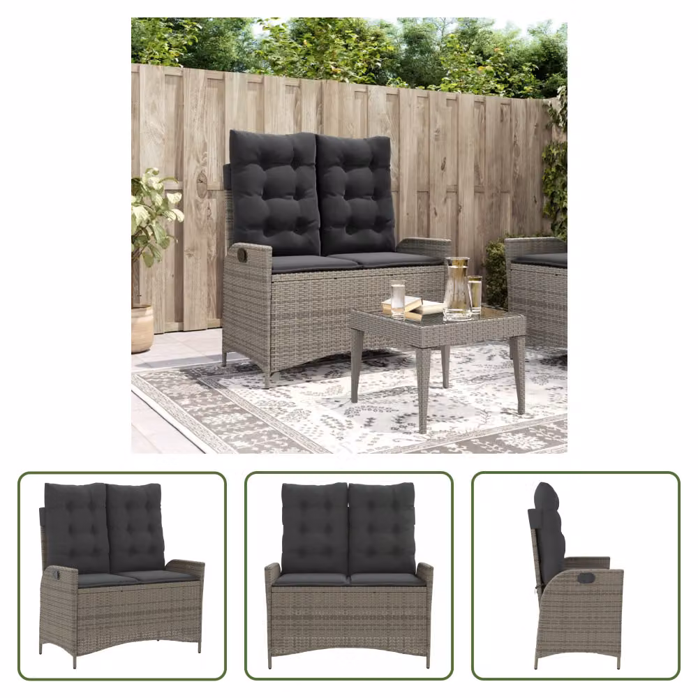 The Living Store Panca da giardino regolabile con cuscini in Poly Rattan grigio