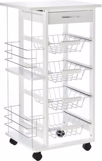 Carrello da cucina con ruote XYLO bianco con 4 cestelli estraibili e cassetto L: 47 cm, P: 37 cm, H: 83 cm