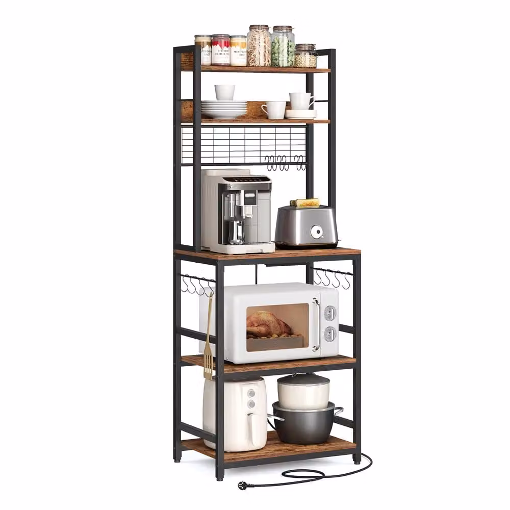 Scaffale da Cucina con Prese Ganci per Microonde, Marrone Vintage + Nero / 40 x 60 x 170 cm