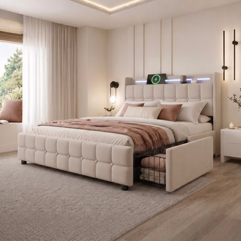 Letto imbottito Flieks 140x200cm con USB e prese, letto per ragazzi letto matrimoniale con 4 cassetti, letto contenitore letto in legno massiccio con LED e rete a doghe, lino, beige