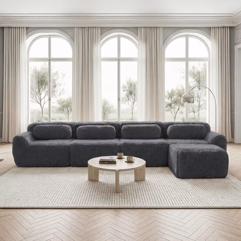 Divano angolare a 4 posti, modulare, senza necessità di montaggio, rivestito in velluto, con chaise longue, altamente elastico (grigio)