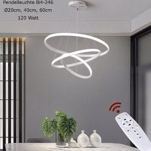 BH-246 Eurotondisplay Lampada a sospensione LED 3 anelli 20*40*60cm con telecomando Colore della luce regolabile in continuo Dimmerabile 120 Watt Lampada a sospensione