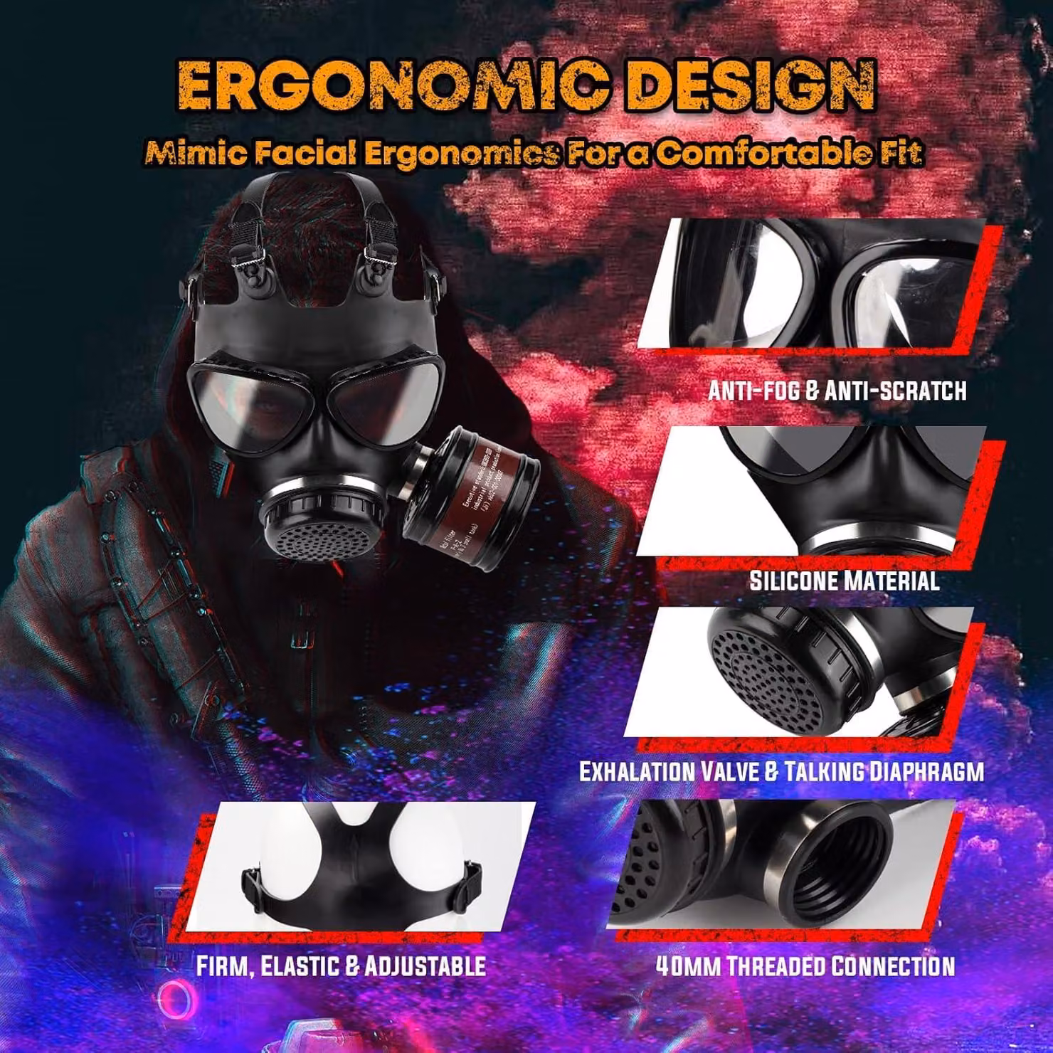 Maschera antigas a copertura totale con filtro in carbone attivo da 40 mm, design tattico, per la protezione da gas