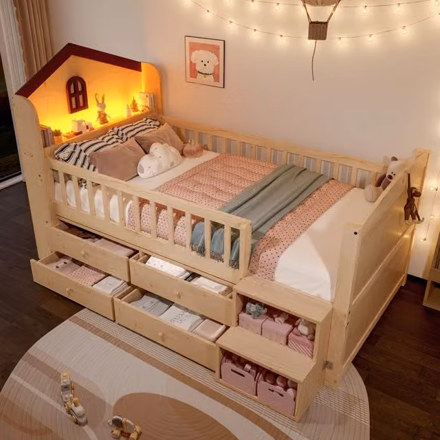 Letto semi-alto a forma di casa con 4 cassetti, LED e scala contenitore, 90x200 cm, naturale
