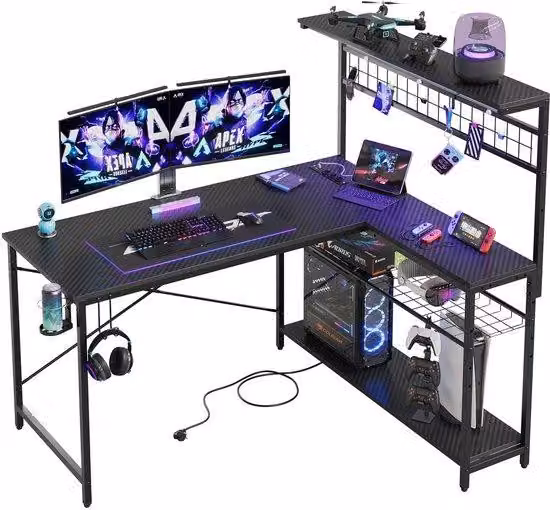 Ibenzoa® Scrivania angolare a forma di L – Ampio spazio di lavoro e area gaming, salvaspazio, con LED RGB (7 colori, 22 modalità), 3 prese di corrente, 2 porte USB, 4 ripiani e ganci
