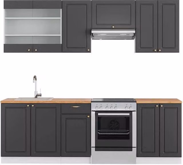 Cucina componibile moderna Vicco Fame-Line colore antracite, oro e bianco con dettagli in rovere, L: 240 cm – 1