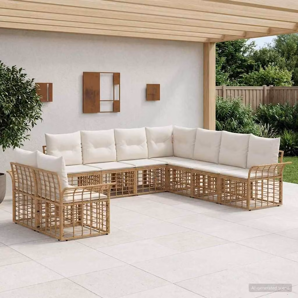 Maison Exclusive - Set da esterno per divano, 9 pezzi. Tessuto in poliestere, colore naturale e crema