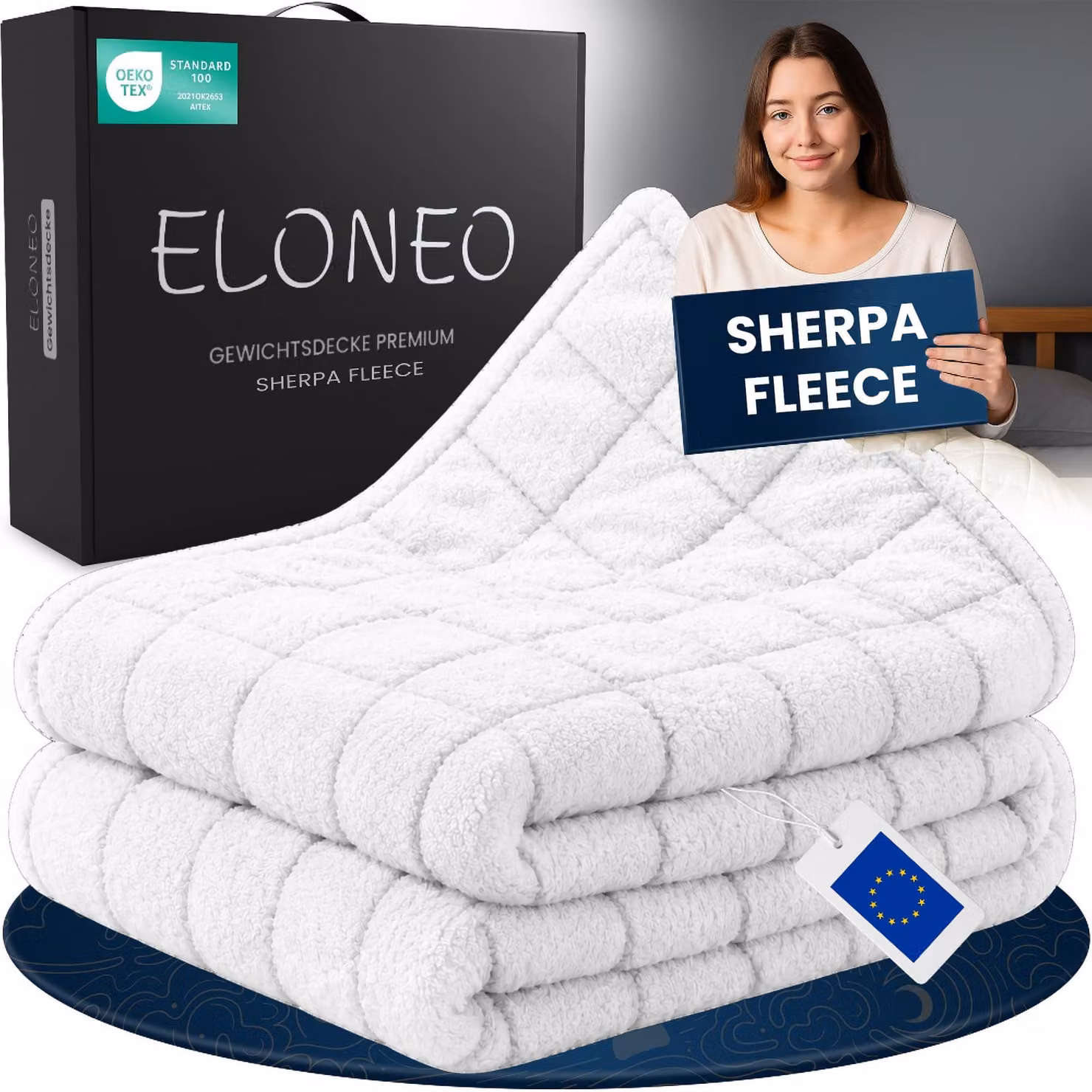 ELONEO Coperta ponderata in pile e sherpa, coperta avvolgente con distribuzione uniforme del peso, 155x220 cm, 11 kg, bianca