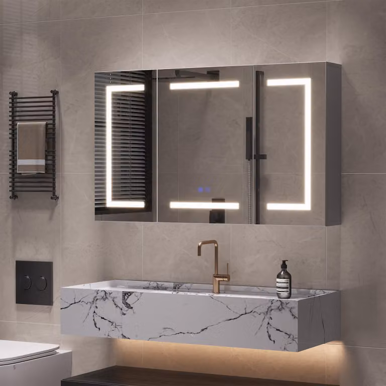 Armadietto a specchio Moonbite LED da 100 cm con 3 ante, sistema antiappannamento e presa UE, bianco