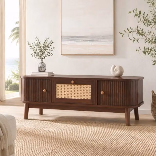Tavolino da caffè in rattan con ante in legno massello e gambe robuste 110x55x38,5 cm, stile naturale rustico