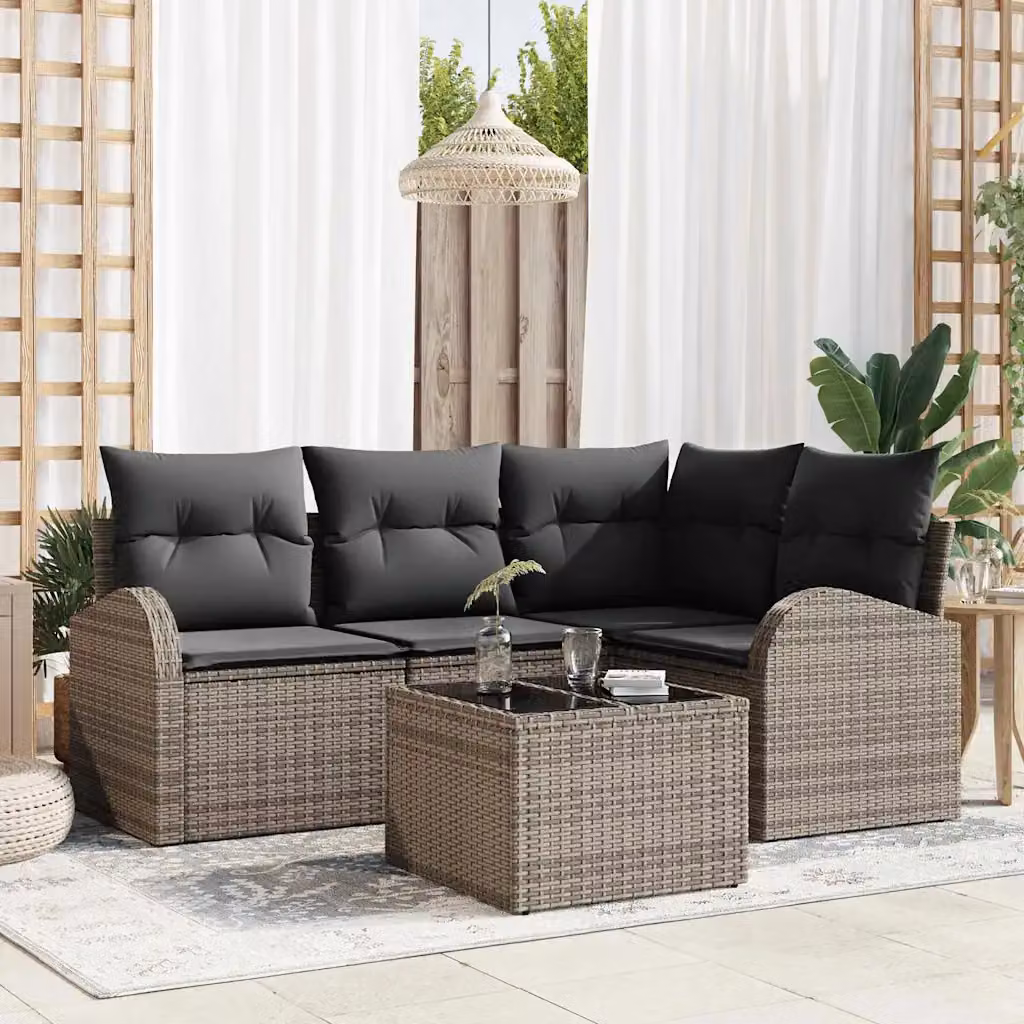 Set Divano da Giardino a L vidaXL in Polyrattan Grigio con Cuscini e Tavolino da 5 Pezzi – 1