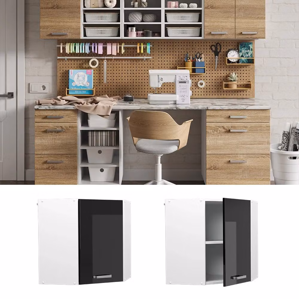 Pensile ad angolo Vicco R-Line nero lucido con anta per bagno o soggiorno L: 57 cm, H: 60 cm, P: 34,1 cm – 2