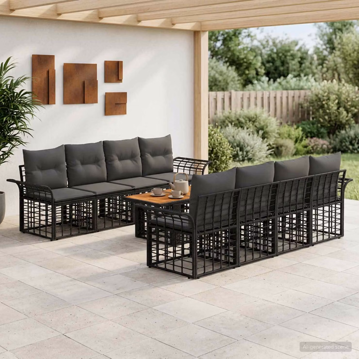 vidaXL Set Divano da Giardino 9 Pezzi in Polyrattan Nero e Grigio con Cuscini e Tavolino da Caffè
