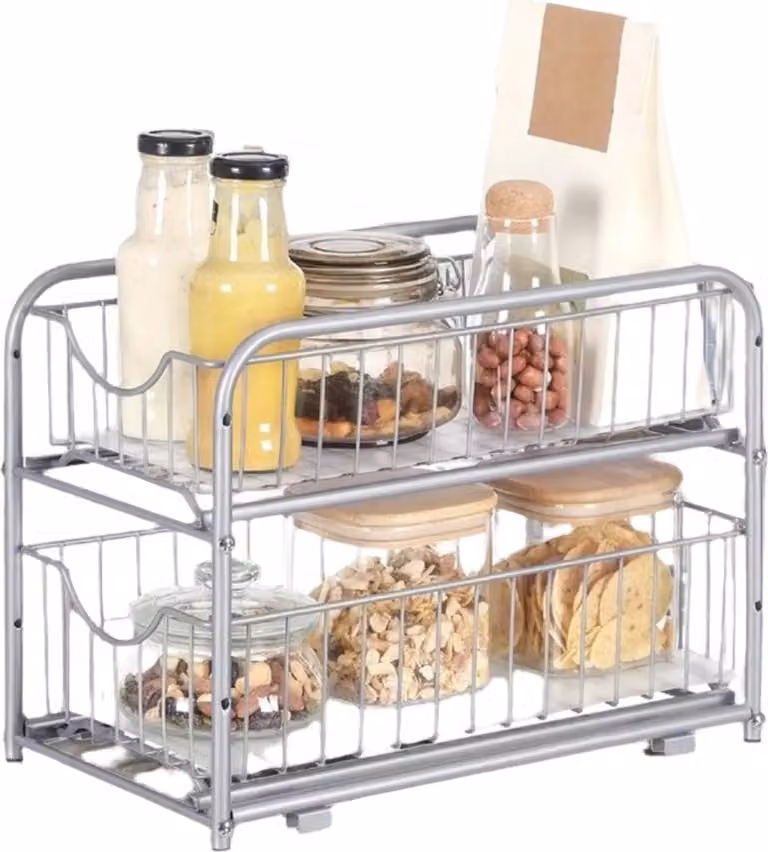 Organizzatore da cucina con cesti – Scaffale da cucina in acciaio – Argento – 21 x 36,5 x 33,7 cm