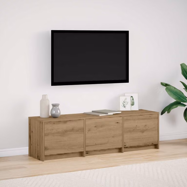 Mobile TV vidaXL in legno ingegnerizzato rovere, moderno con ruote e illuminazione integrata, L 140 x P 40 x H 34 cm