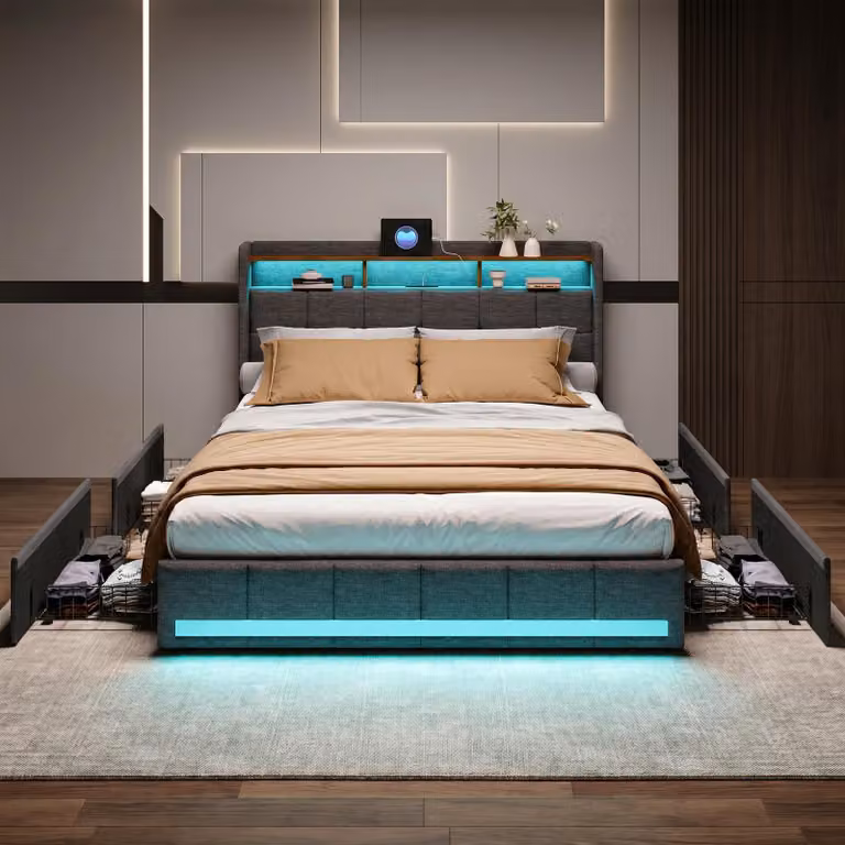 INONEFT Letto imbottito "Bett" 140x200 cm con funzione di ricarica USB, letto per ragazzi/coppie con rete a doghe e 4 cassetti, letto contenitore con LED, tessuto in lino, colore grigio