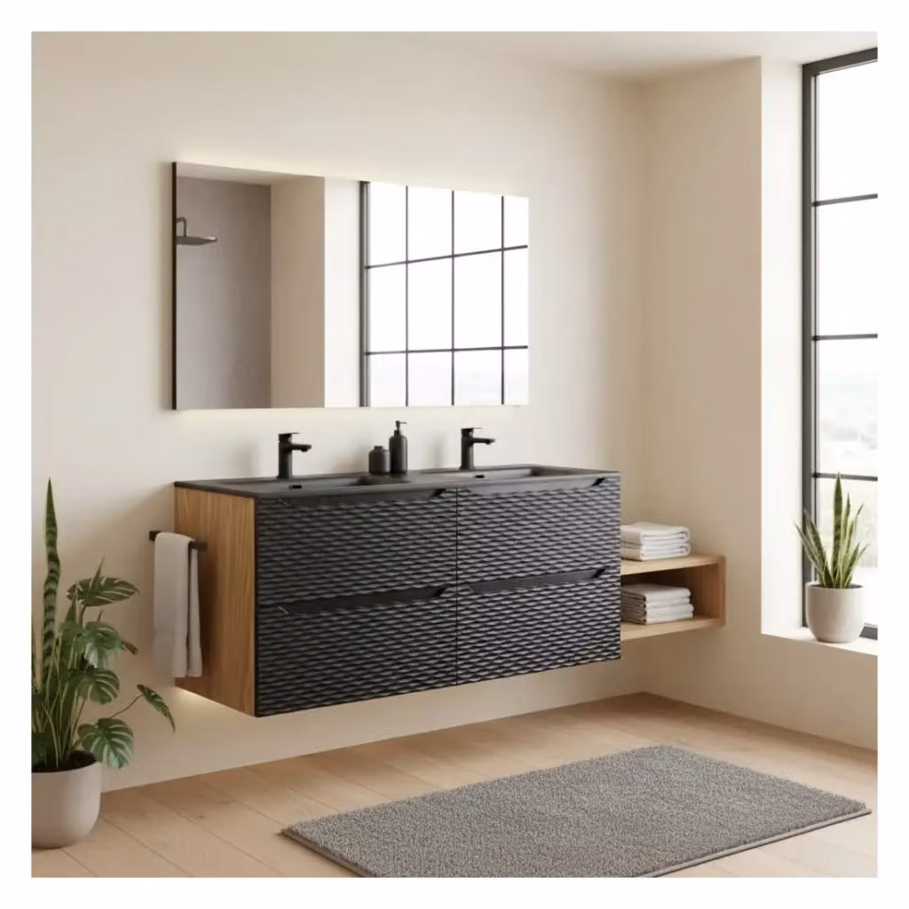 Set da bagno Meublorama YOKA nero con mobile sotto lavabo e doppio lavabo da incasso, L: 120 cm, P: 46 cm, H: 59 cm – 2