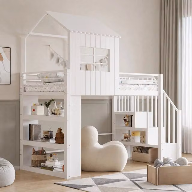 Letto a soppalco multifunzionale 90 x 200 cm con scala contenitore e scaffale; bianco