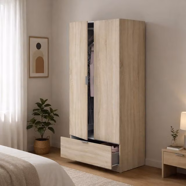 Armadio da camera da letto DMORA con 2 ante, cassetti integrati e appendiabiti, finitura rovere opaco, Marrone/Beige, L: 51 cm, H: 170 cm – 1