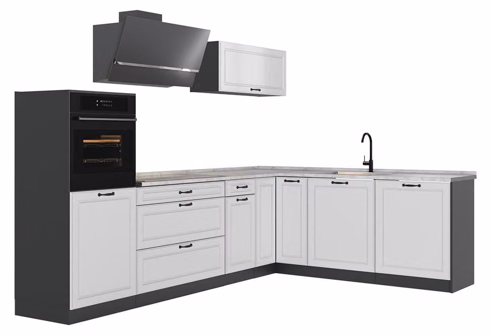 Cucina angolare completa Vicco R-Line Bianco country/Antracite 287 x cm piano di lavoro Marmo, Model 68204