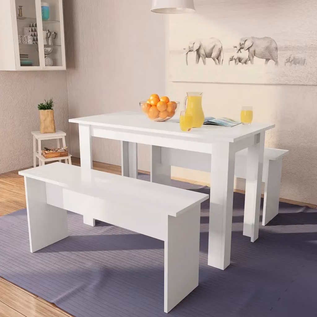Set da pranzo moderno composto da tavolo rettangolare e 3 panche in legno multistrato bianco DESIGN IN CFW9119911 – 2