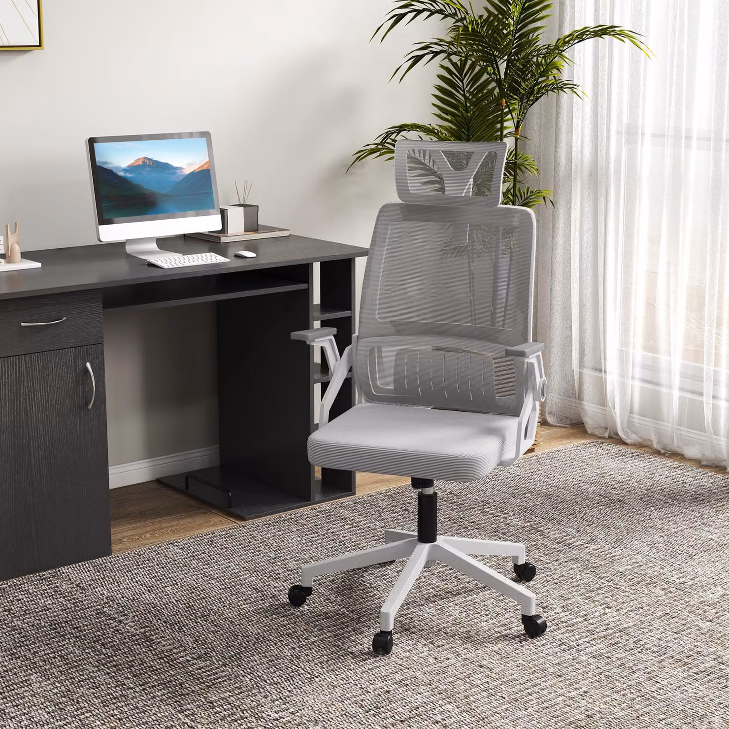 sedia da ufficio ergonomica okwish, sedia girevole da lavoro con funzione di dondolo, sedia da scrivania con poggiatesta regolabile, sedia direzionale regolabile in altezza, grigio